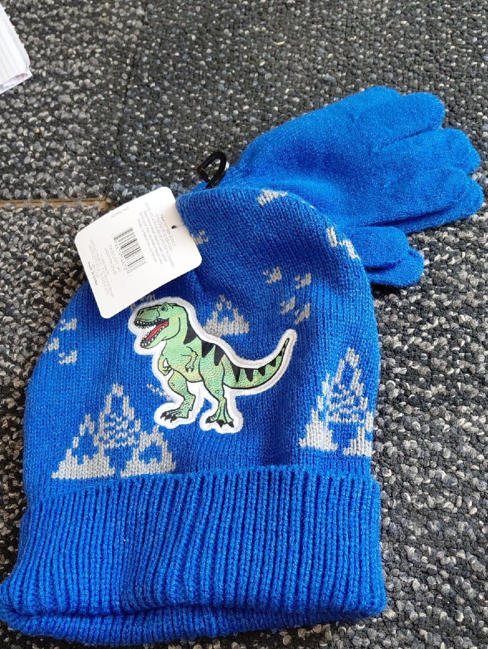 Kids Blue Knit Beanie with Green Dinosaur Patch